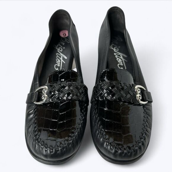 Brighton Mesa Loafers Sz 9M Black Patent Leather Embossed Croc Silver Buckle - Picture 1 of 13
